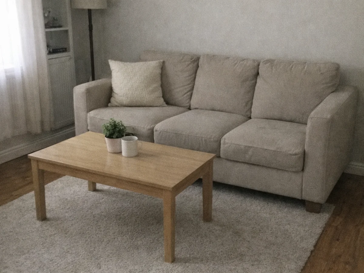 Vorher: nüchternes Wohnzimmerfoto mit grauem Sofa