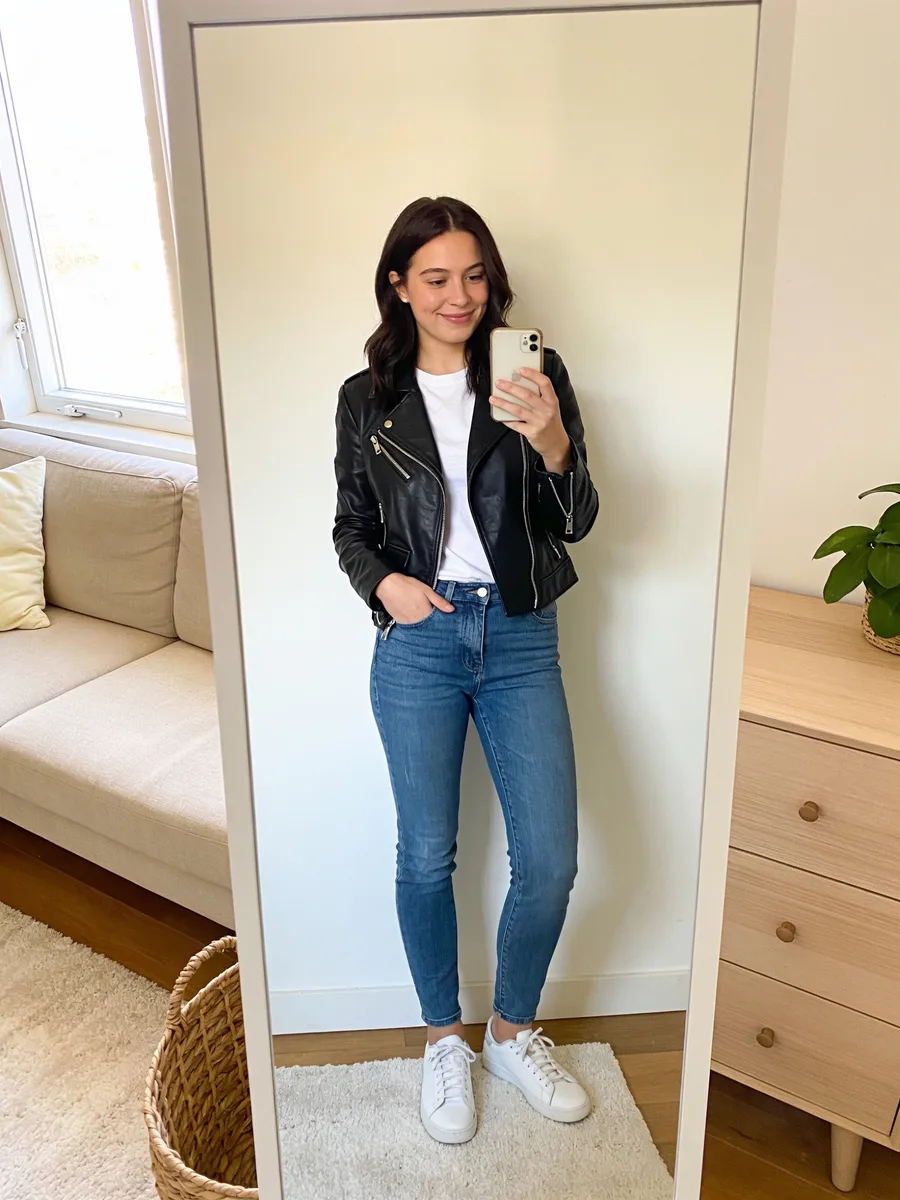 Vorher: Spiegel-Selfie einer Person im Outfit