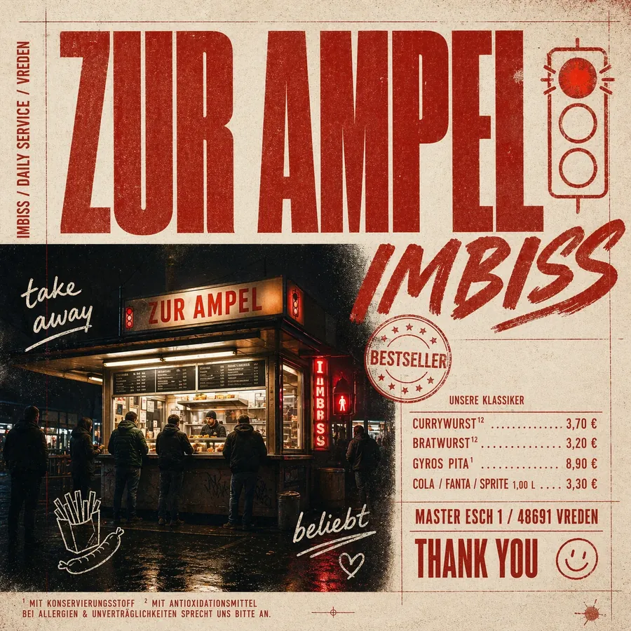 Retro-Plakat für den Imbiss „Zur Ampel“ mit Speisekarte