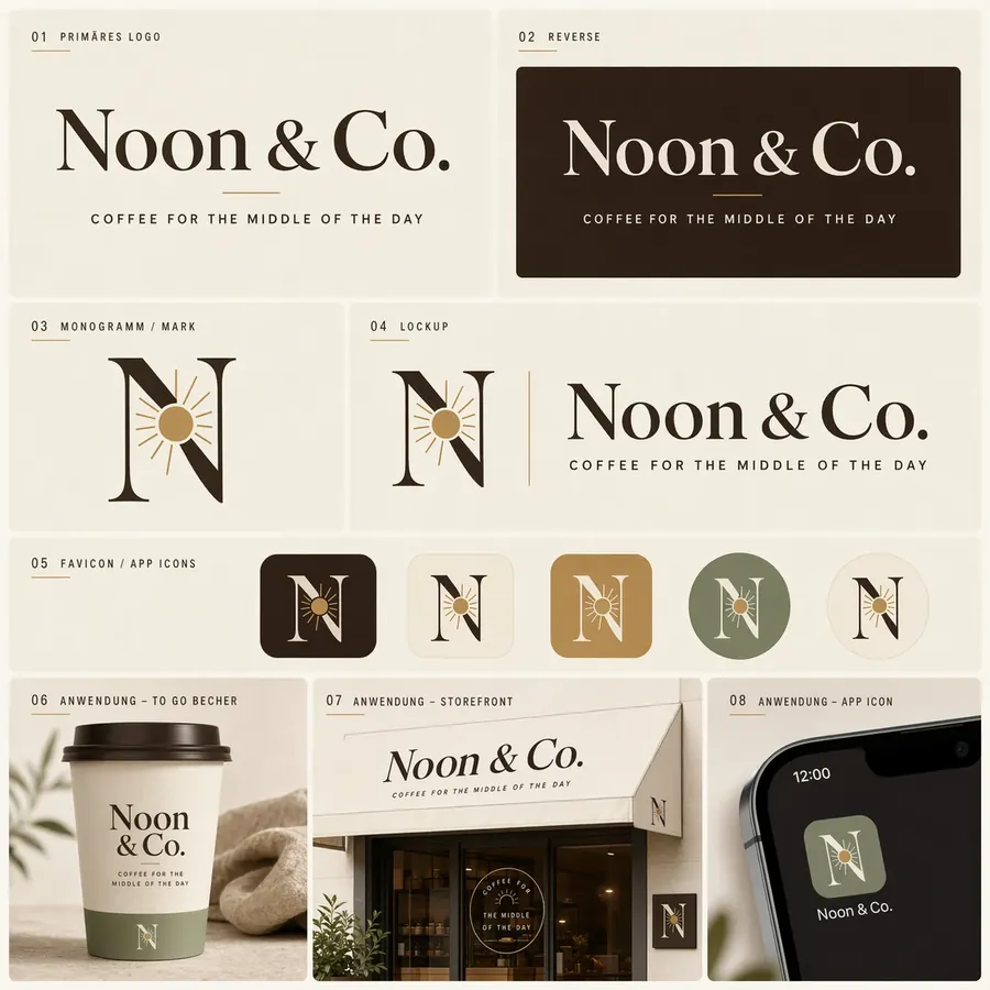 Branding-Board für das Café Noon & Co. mit Logo und Anwendungen